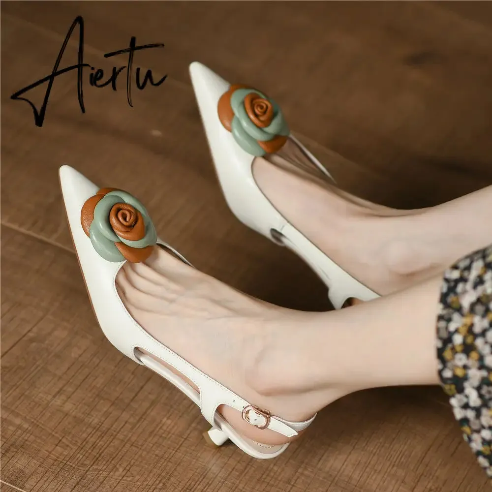 Aiertu  Summer Lady Fashion High Heel Shoes Pointed Toe Dress Shoes Elegant Flower Closed Toe Party Summer Evening Party