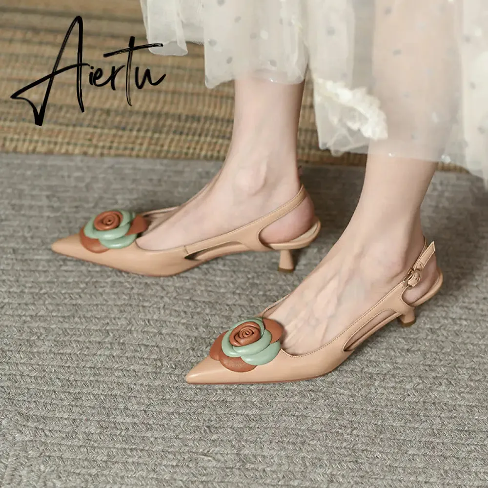 Aiertu  Summer Lady Fashion High Heel Shoes Pointed Toe Dress Shoes Elegant Flower Closed Toe Party Summer Evening Party