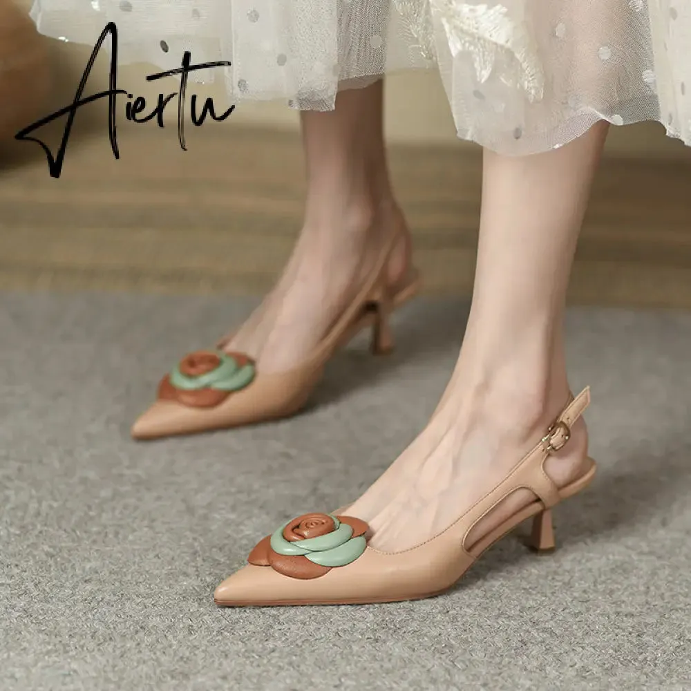 Aiertu  Summer Lady Fashion High Heel Shoes Pointed Toe Dress Shoes Elegant Flower Closed Toe Party Summer Evening Party