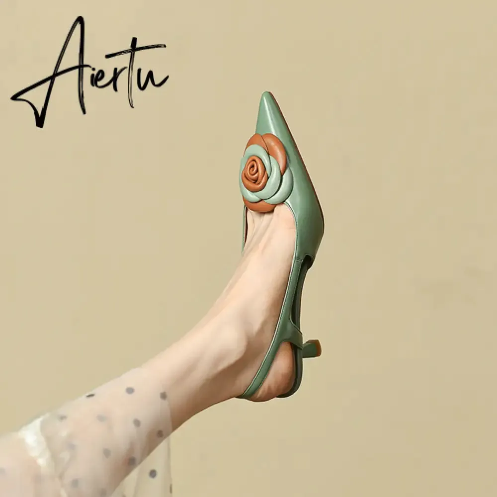 Aiertu  Summer Lady Fashion High Heel Shoes Pointed Toe Dress Shoes Elegant Flower Closed Toe Party Summer Evening Party