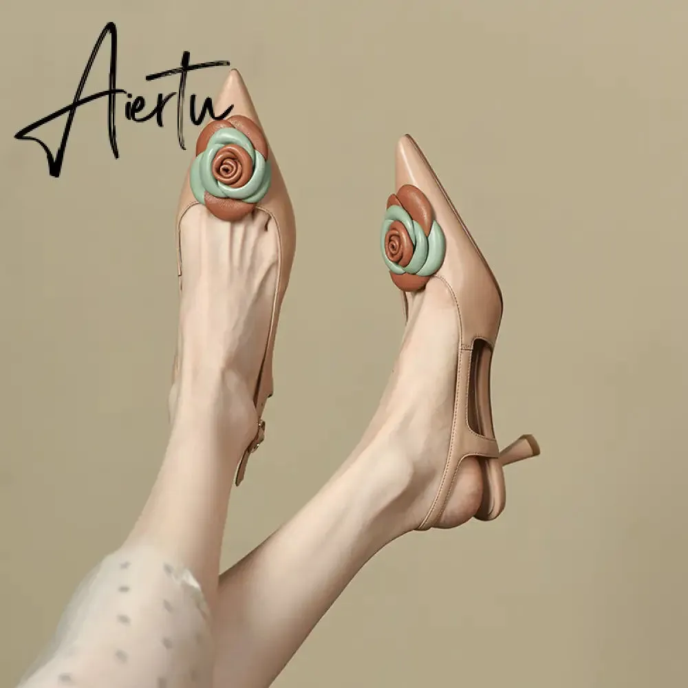 Aiertu  Summer Lady Fashion High Heel Shoes Pointed Toe Dress Shoes Elegant Flower Closed Toe Party Summer Evening Party