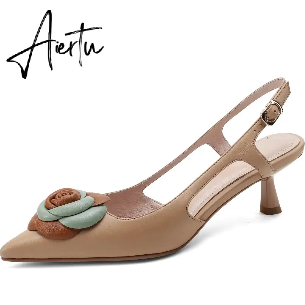 Aiertu  Summer Lady Fashion High Heel Shoes Pointed Toe Dress Shoes Elegant Flower Closed Toe Party Summer Evening Party