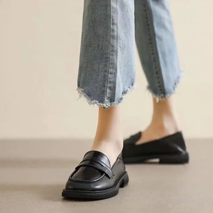 Comelyy Women's black leather slip on chunky heel loafers