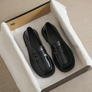 Comelyy Women's black leather slip on chunky heel loafers
