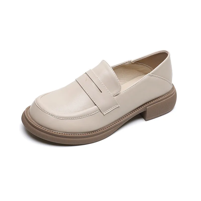 Comelyy Women's black leather slip on chunky heel loafers