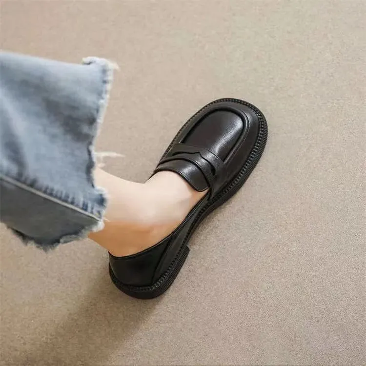 Comelyy Women's black leather slip on chunky heel loafers