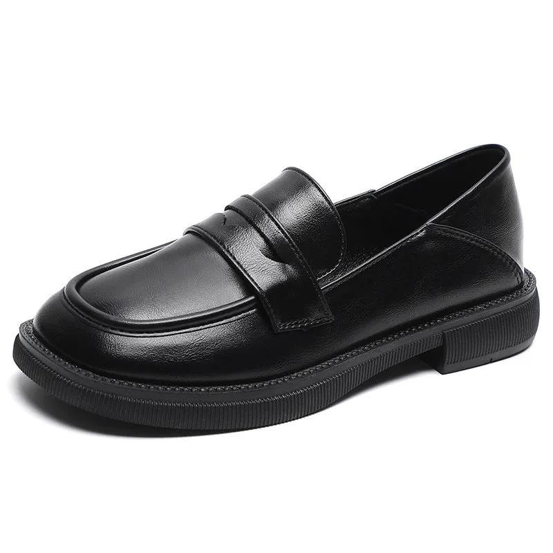 Comelyy Women's black leather slip on chunky heel loafers