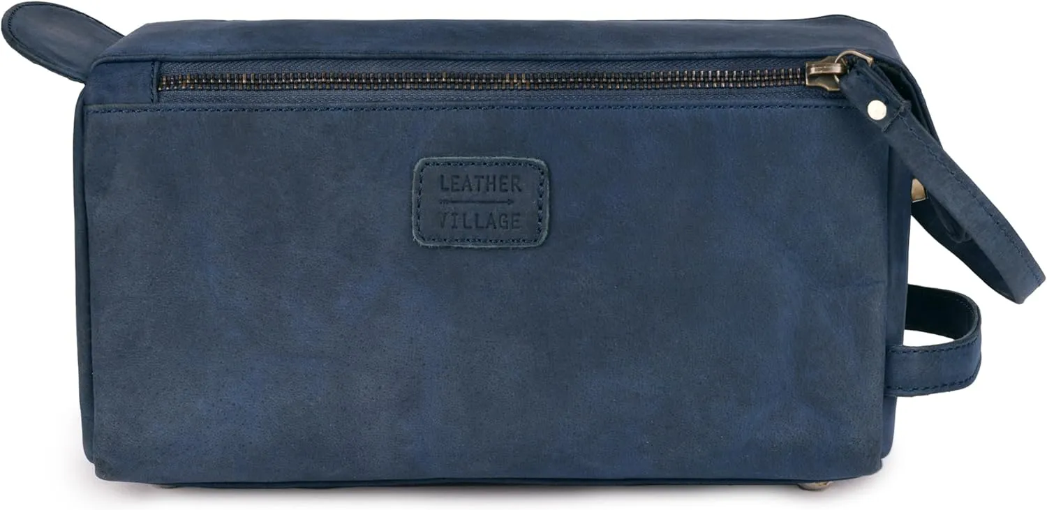 LEATHER VILLAGE Premium Leather Travel Toiletry Bag - Unisex Water-Resistant Travel Dopp Kit, Shaving & Cosmetic Organizer for Men & Women - Compact Bathroom Essentials - Royal Blue