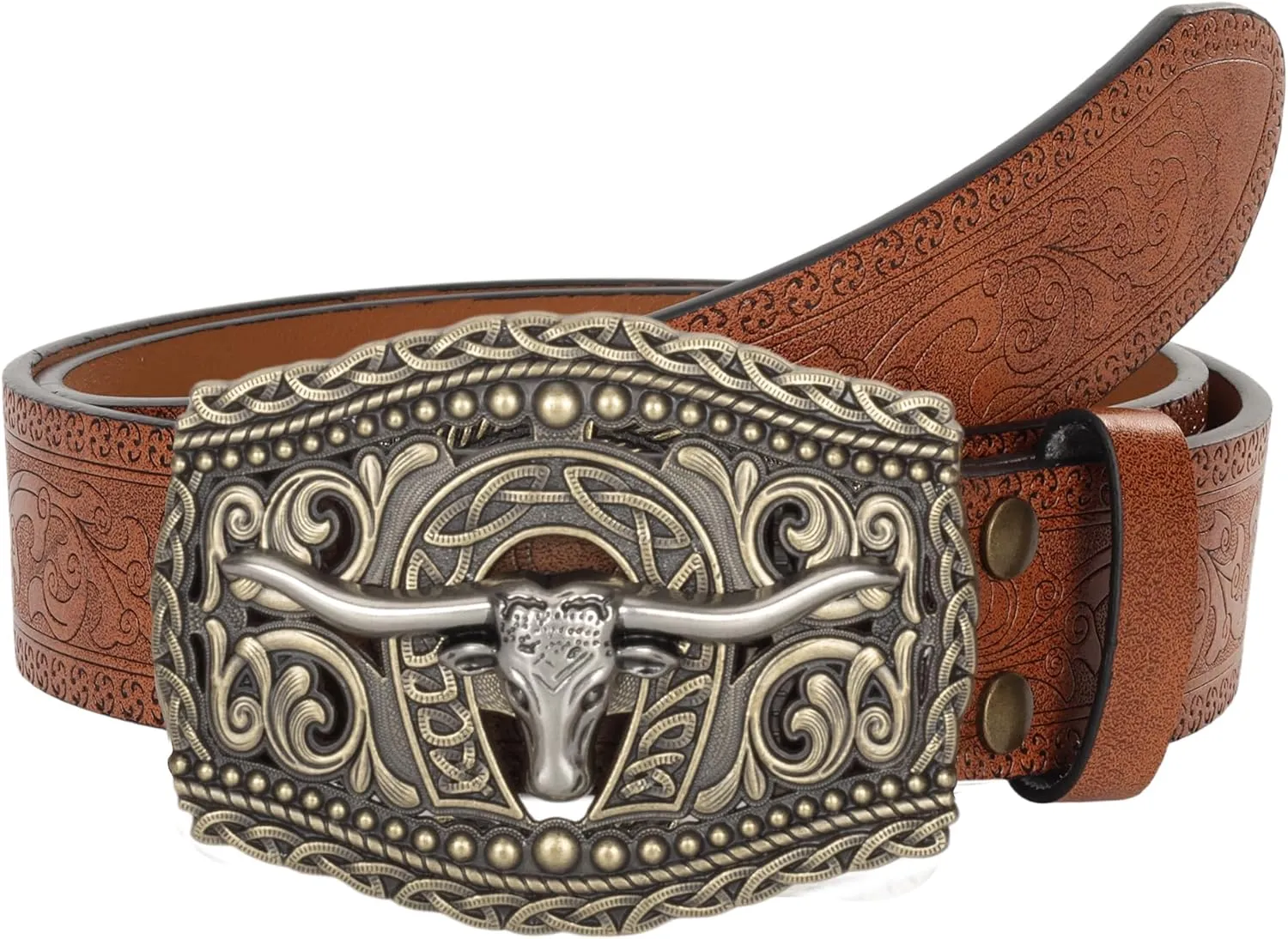 Men Women-Western-Cowboy-Leather-Belts - Longhorn Bull Pattern Buckle Belt Floral Engraved Buckle Belt for Jeans