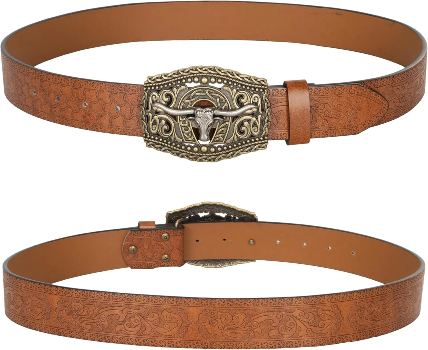 Men Women-Western-Cowboy-Leather-Belts - Longhorn Bull Pattern Buckle Belt Floral Engraved Buckle Belt for Jeans