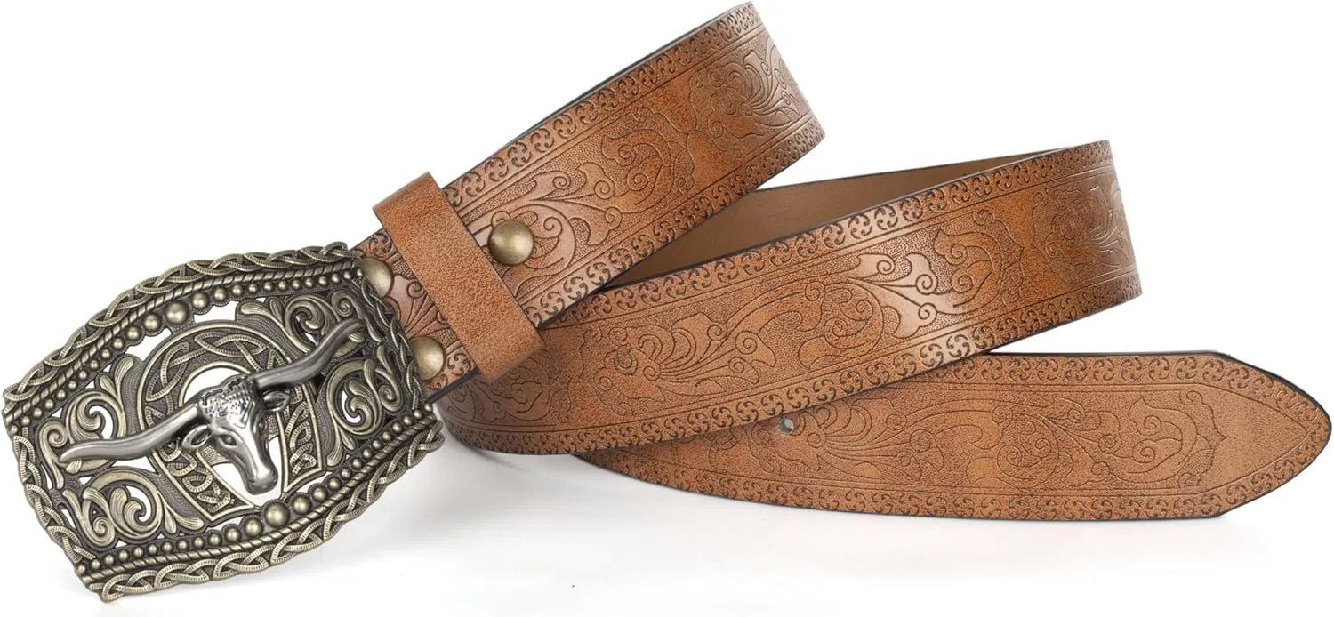 Men Women-Western-Cowboy-Leather-Belts - Longhorn Bull Pattern Buckle Belt Floral Engraved Buckle Belt for Jeans