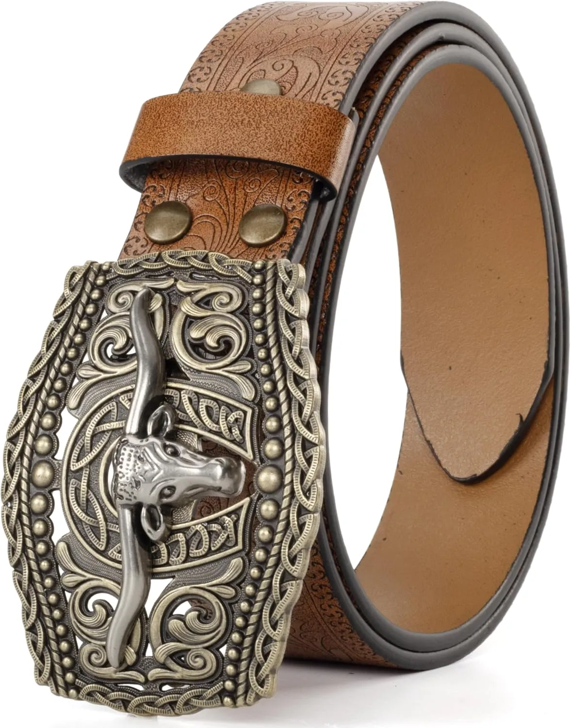 Men Women-Western-Cowboy-Leather-Belts - Longhorn Bull Pattern Buckle Belt Floral Engraved Buckle Belt for Jeans
