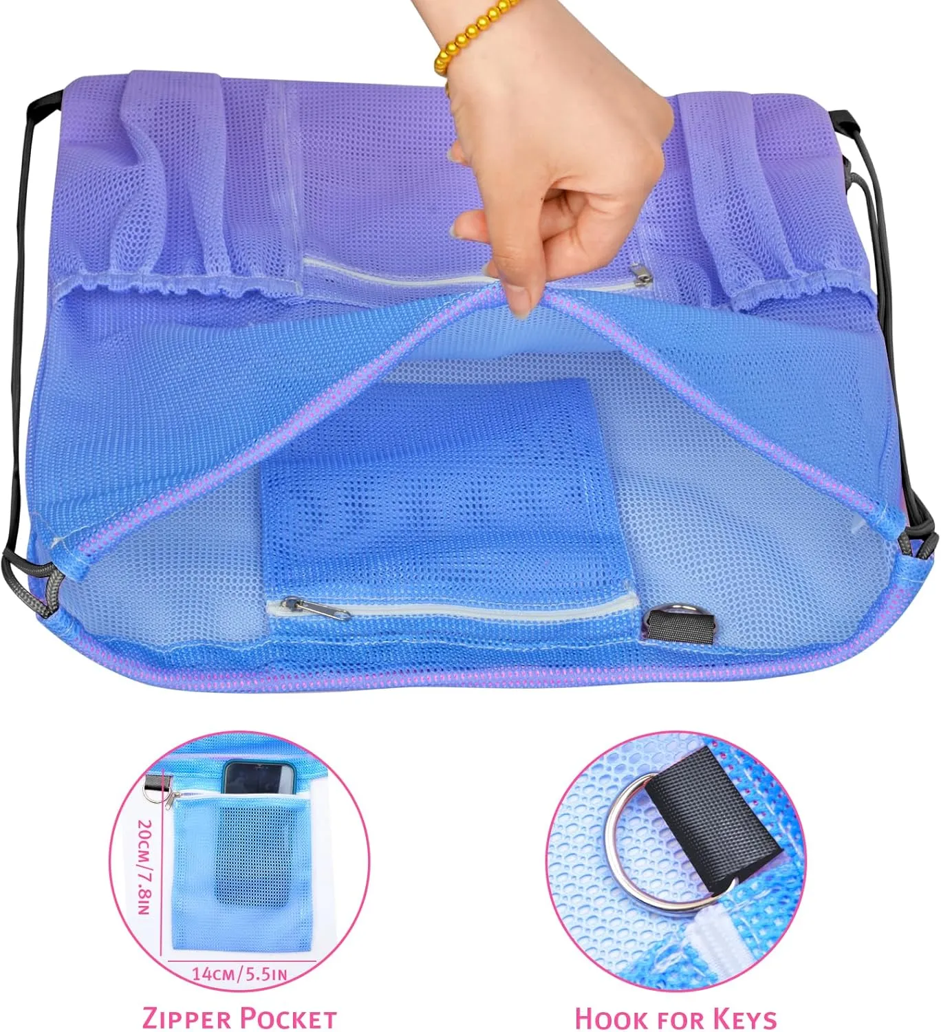 Nidoul Mesh Drawstring Bag with Zipper Pocket, Beach Bag for Swimming Gear Backpack Gym Storage Bag for Adult