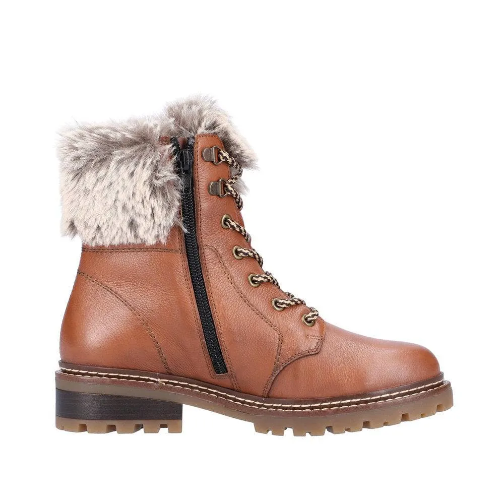 Remonte D0B74-24 Ladies Tan Leather Water Resistant Zip & Lace Ankle Boots