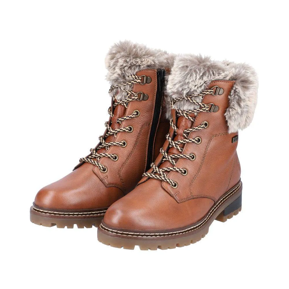 Remonte D0B74-24 Ladies Tan Leather Water Resistant Zip & Lace Ankle Boots