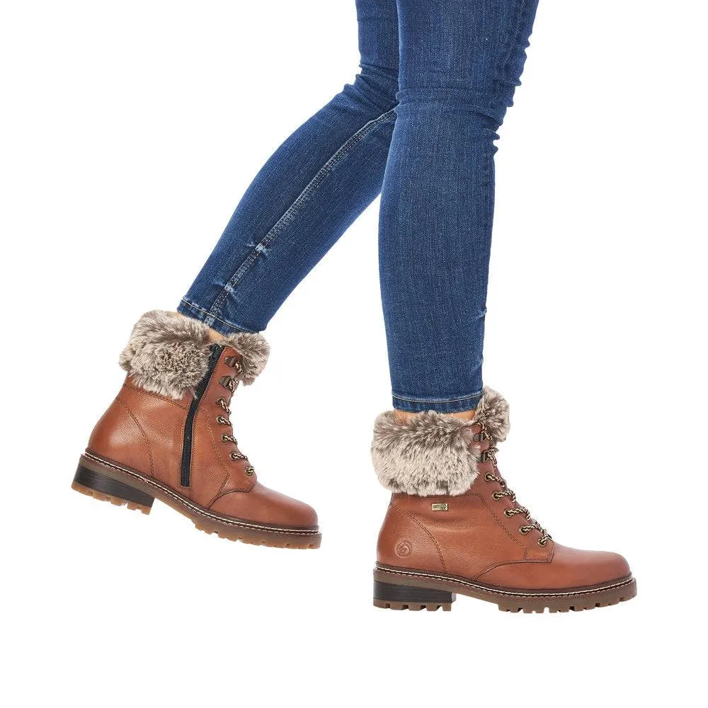 Remonte D0B74-24 Ladies Tan Leather Water Resistant Zip & Lace Ankle Boots