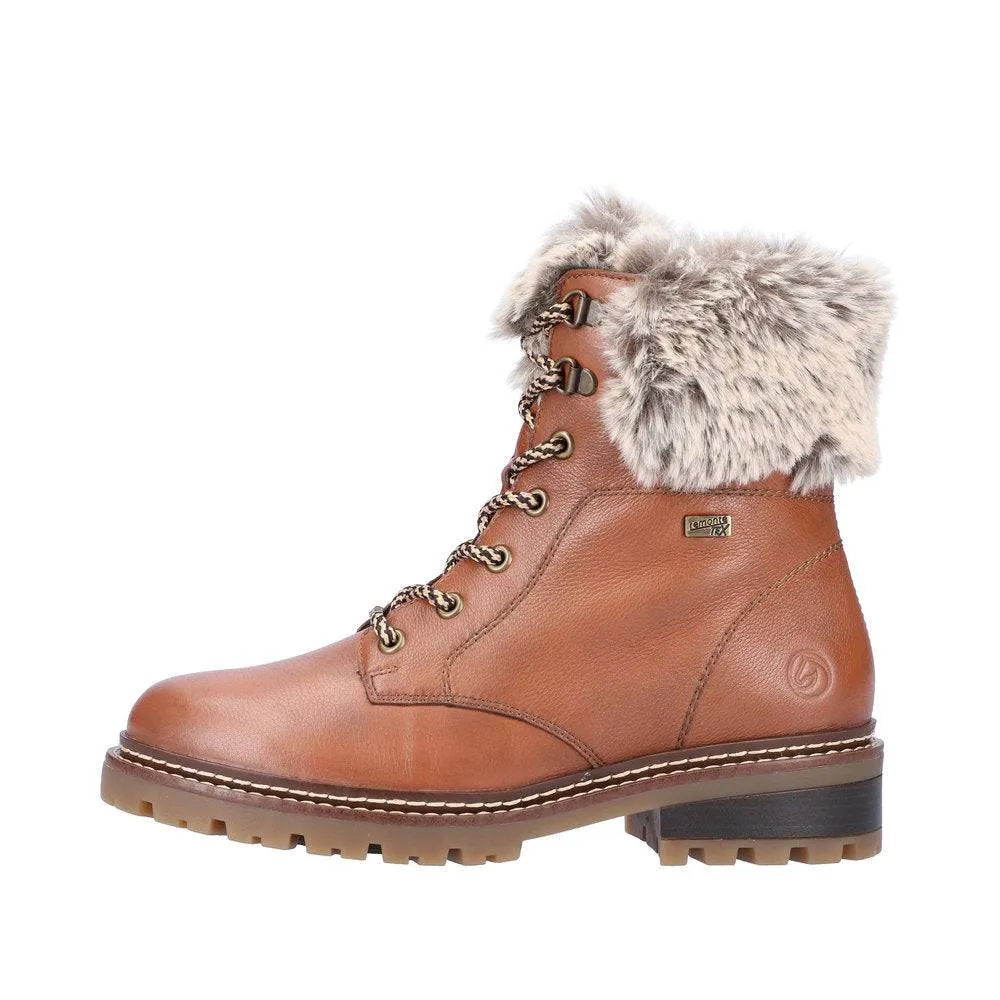 Remonte D0B74-24 Ladies Tan Leather Water Resistant Zip & Lace Ankle Boots