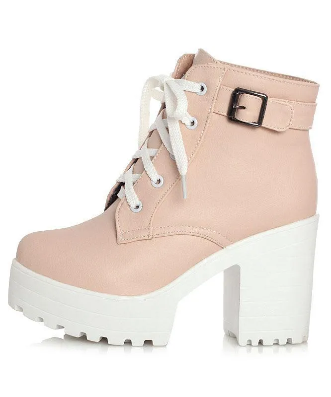 Vintage Cross Strap Chunky Boots Pink Faux Leather RD025