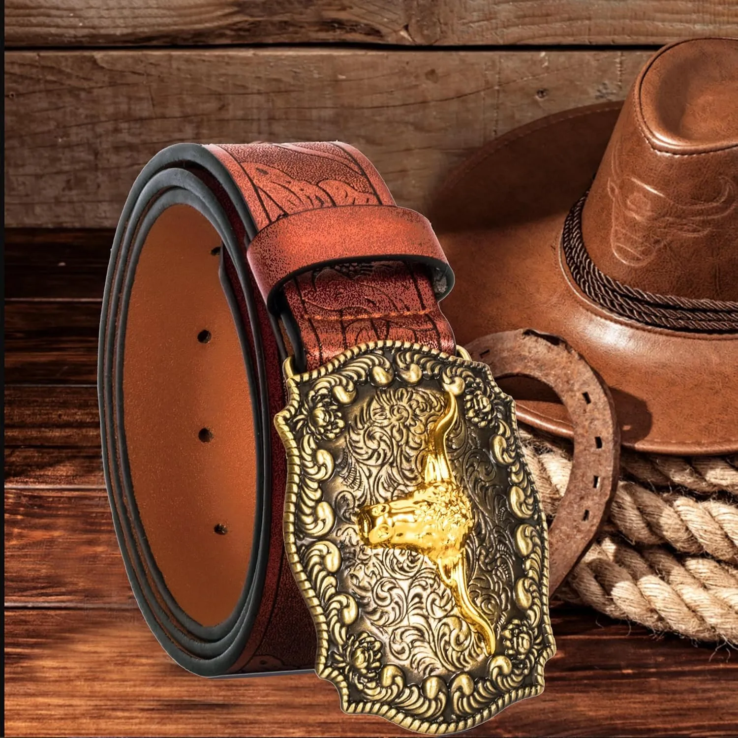 Western Cowboy-Belts for Men Big-Buckle Longhorn-Bull PU-Leather Rodeo Cowgirl-Belt Engraved Floral - Waist 25-38"