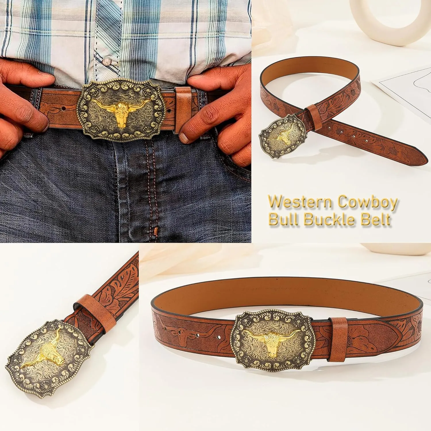 Western Cowboy-Belts for Men Big-Buckle Longhorn-Bull PU-Leather Rodeo Cowgirl-Belt Engraved Floral - Waist 25-38"
