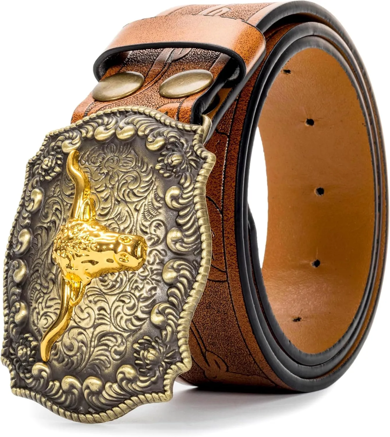 Western Cowboy-Belts for Men Big-Buckle Longhorn-Bull PU-Leather Rodeo Cowgirl-Belt Engraved Floral - Waist 25-38"