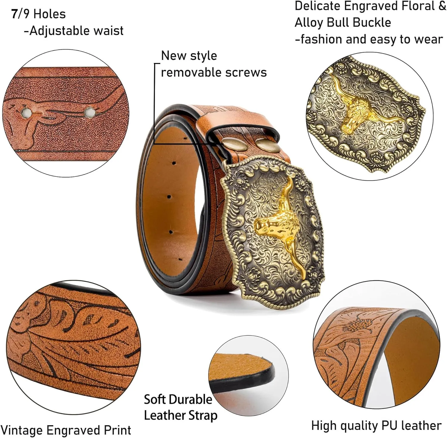 Western Cowboy-Belts for Men Big-Buckle Longhorn-Bull PU-Leather Rodeo Cowgirl-Belt Engraved Floral - Waist 25-38"