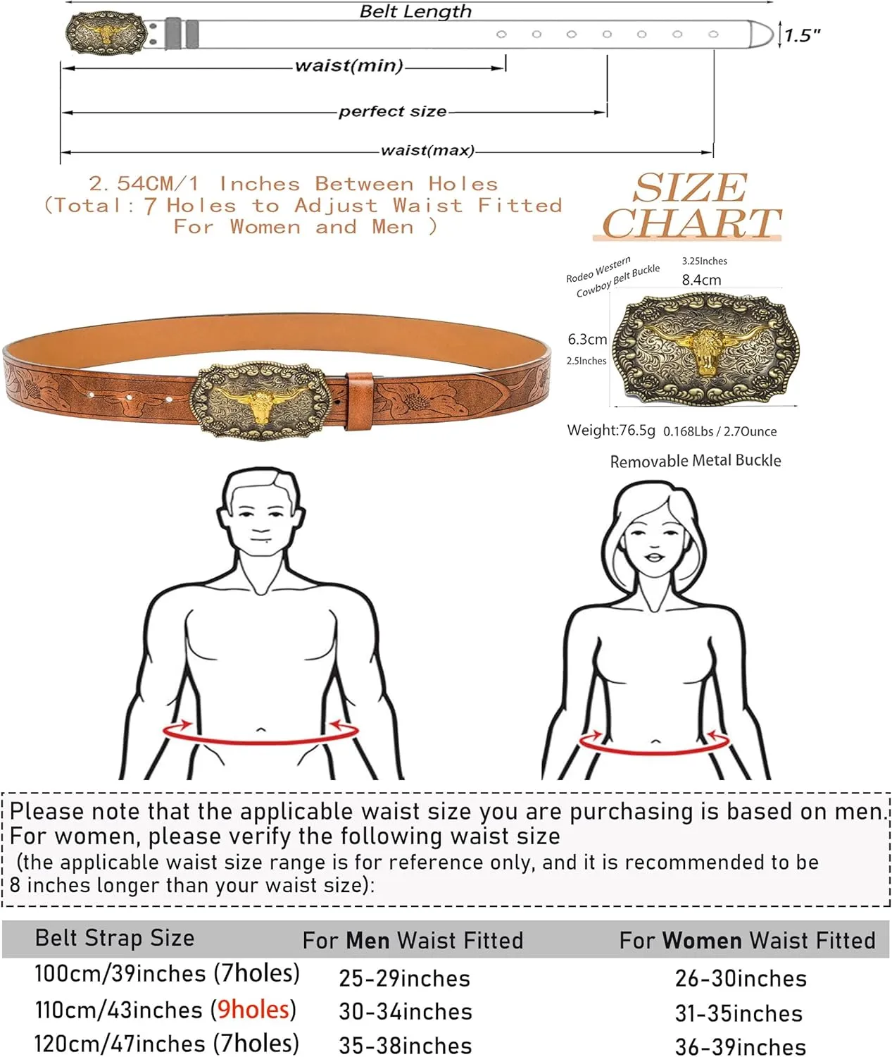Western Cowboy-Belts for Men Big-Buckle Longhorn-Bull PU-Leather Rodeo Cowgirl-Belt Engraved Floral - Waist 25-38"